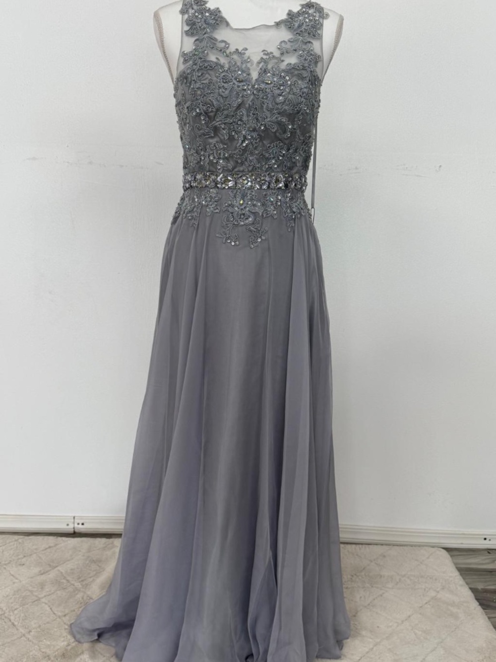 Charcoal Gray Illusion Lace Formal Gown with Rhinestone Belt – Size 8